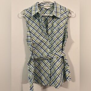 Charter Club Top Sleeveless Button Down Cloth Belt, Size 14, Blue Green White
